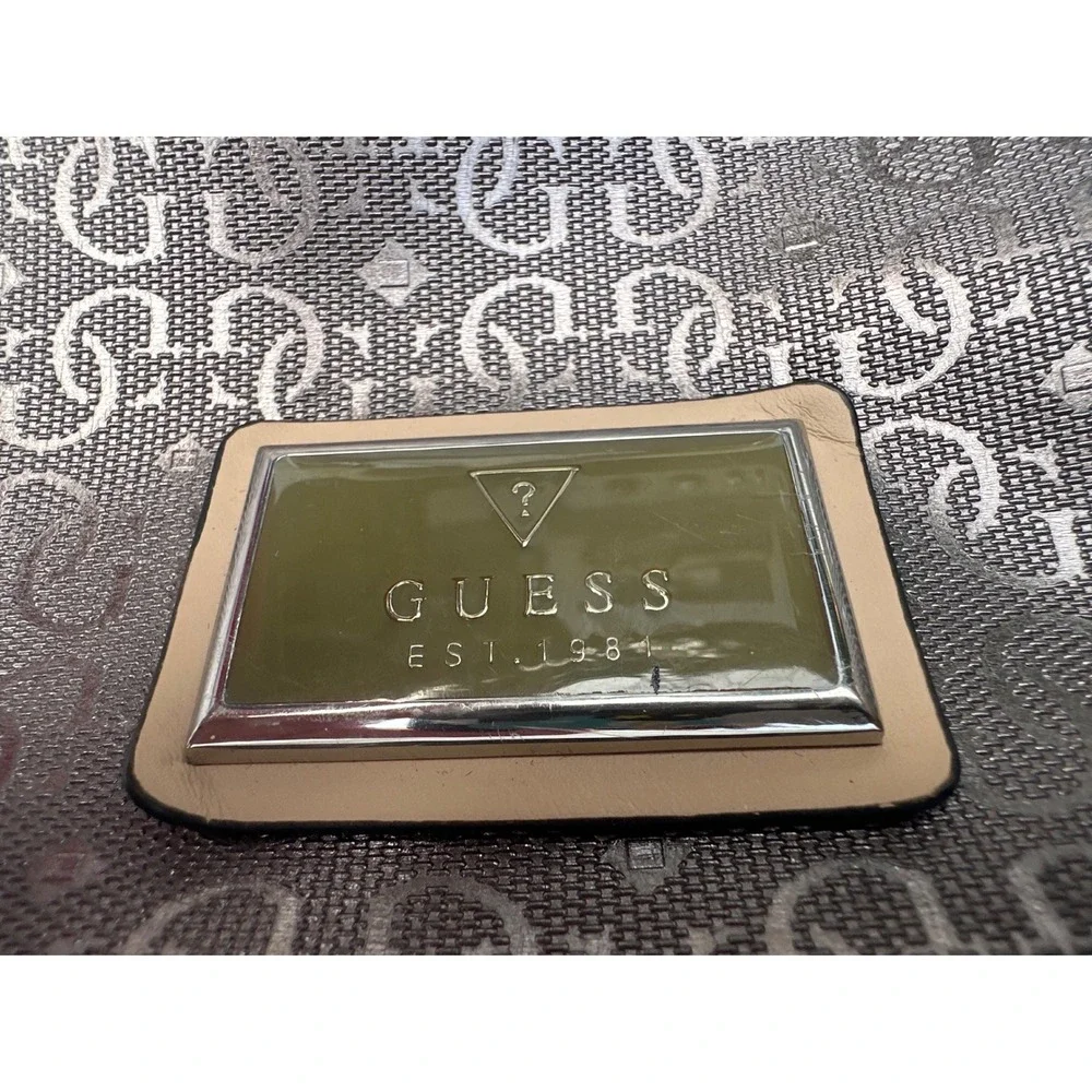 Guess Satchel Handbag Metallic Pewter Logo Embossed Tan Handles Leopard Lining